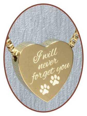 Stainless Steel 'I will never forget you' Heart Pet Cremation Pendant Gold Plated - G304D